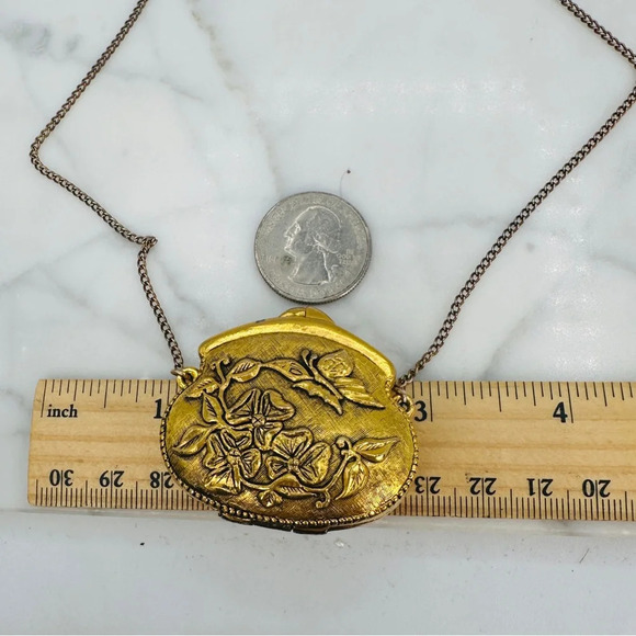 Vintage Corday Perfume Purse Necklace Butterfly Gold Tone Signed 24” Chain - Picture 8 of 11